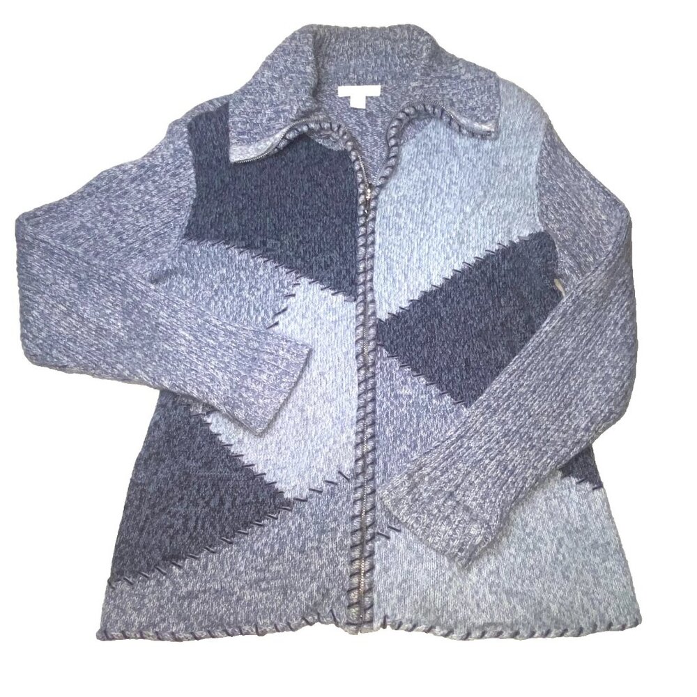 Vintage Hand Knit Patchwork Sweater Ramie Cotton Zip Boho Cottage L